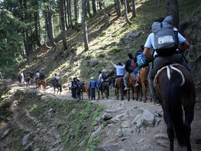 Healthcare workers trek to inoculate shepherds with COVISHIELD, a coronavirus disease (COVID-19) vaccine manufactured by Serum Institute of India, during a vaccination drive at Lidderwat near scenic Pahalgam in south Kashmir's Anantnag district, June 10, 2021.