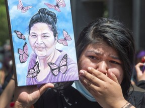 Marie-Wasianna Echaquan Dubé, eldest daughter of Joyce Echaquan, appears at a rally in Trois-Rivières, Que., on June 2. Echaquan, a 37-year-old Atikamekw mother of seven, filmed herself on Facebook Live as a nurse and an orderly were heard making derogatory comments toward her shortly before she died last September at a hospital northeast of Montreal.