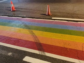 OPP released this photo of damage to a newly-painted Pride crosswalk in Kemptville.