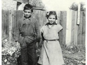Russ Moses and his younger sister Thelma, taken at the Mohawk Institute Indian Residential School in Brantford, Ontario, in October, 1943, during one of the once-monthly, 15 minutes-only visiting sessions for brothers and sisters.