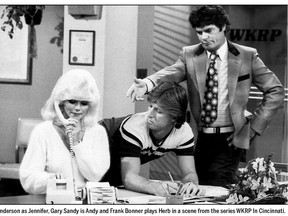 Loni Anderson as Jennifer, Gary Sandy is Andy (centre) and Frank Bonner plays Herb in a scene from the TV comedy series WKRP in Cincinnati which aired in the late 1970's and early 1980's.