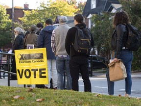 People line up to enter a polling station on election day in 2019 in Ottawa. How many changed their views because of something on Twitter? Likely none.