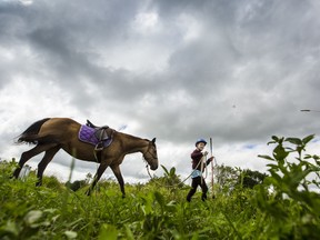 Ella Brown walks Mira under cloudy skies at Stillwater Stables.