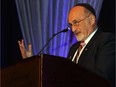 Rabbi Reuven Bulka addresses a tribute dinner held in his honour in 2014. to support the Ottawa Regional Cancer Foundation and Congregation Machzikei Hadas. He passed away in late June.