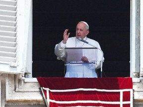 Pope Francis delivers the Sunday Angelus prayer from the window of his study overlooking St.Peter's Square at the Vatican on July 4, 2021.