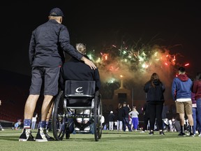 Fans watch a fireworks show after the game between the LA Giltinis and the NOLA Gold at Los Angeles Coliseum on July 4, 2021 in Los Angeles.