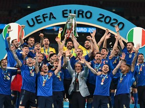 Giorgio Chiellini, Captain of Italy lifts The Henri Delaunay Trophy following his team's victory in the UEFA Euro 2020 Championship Final between Italy and England at Wembley Stadium on July 11, 2021 in London, England.