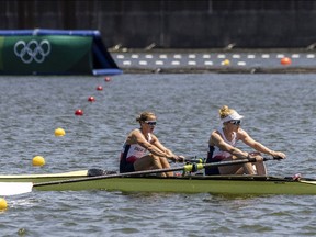 TOKYO, JAPAN - JULY 18: Helen Glover and Polly Swann of Great Britain Rowing team Women's pair (W2-) in action during a training session at Sea Forest Waterway on July 18, 2021 in Tokyo, Japan.
