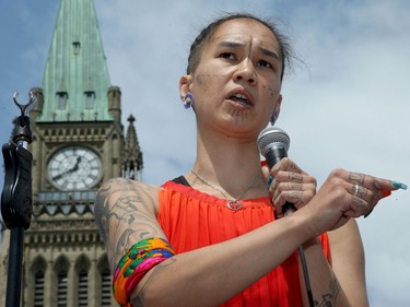 Hundreds joined MPs Mumilaaq Qaqqaq (pictured) and Charlie Angus and Indigenous elders for Saturday's march  from Parliament Hill.