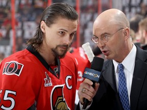 Pierre McGuire, then working for NBC as an analyst, conducts an ice-level interview with former Senators captain and defenceman Erik Karlsson prior to Game 4 of the Eastern Conference final against the Pittsburgh Penguins during the 2017 NHL Stanley Cup playoffs at the Canadian Tire Centre.