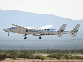The Virgin Galactic SpaceShipTwo space plane Unity flies at Spaceport America, near Truth and Consequences, New Mexico on July 11, 2021, before travel to the cosmos.