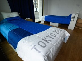 This file photo taken on June 20, 2021, shows recyclable cardboard beds and mattresses for athletes during a media tour at the Olympic and Paralympic Village for the Tokyo 2020 Games.