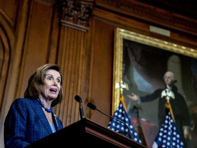 U.S. House Speaker Nancy Pelosi, a Democrat from California, speaks during a bill enrollment ceremony at the U.S. Capitol in Washington, D.C., U.S., on Friday.