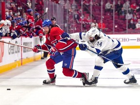 Josh Anderson (left) of the Montreal Canadiens battles against Pat Maroon of the Tampa Bay Lightning during Game 3 of the Stanley Cup final. Despite Montreal being down 3-0 in the series Anderson says “We have a job to do and we’re going to do everything we can to stay in this thing and fly out to Tampa on Tuesday.” Game 4 is Monday night.