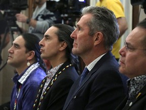 Premier Brian Pallister and Grand Chief Arlen Dumas of the Assembly of Manitoba Chiefs signed a memorandum of understanding to transfer the ownership 23 of Manitoba's northern airports and five marine facilities to First Nations at the Manitoba Legislature on Thursday, Feb. 20, 2020.