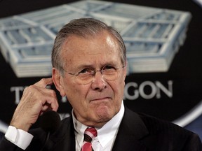Former U.S. Secretary of Defense Donald Rumsfeld at a news briefing at the Pentagon in Washington March 28, 2006