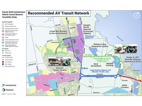 The Kanata North BIA and its transportation consultants at Parsons have come up with two routes to run autonomous buses from the future Moodie LRT station to the technology park, a “green” line with small shuttle buses and “blue” line with large buses.