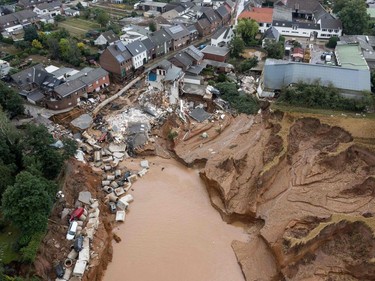 Aerial view shows an area completely destroyed by the floods in the Blessem district of Erftstadt, western Germany, on July 16, 2021.