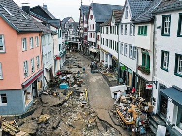 An aerial view taken on July 16, 2021 shows the destruction in the pedestrian area of Bad Muenstereifel, western Germany, after heavy rain hit parts of the country, causing widespread flooding.