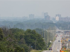 Hazy weather conditions in the city as seen from Corkstown Road on Monday, July 19, 2021.