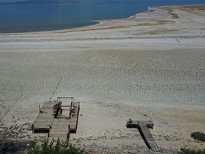 An aerial view shows former docks with the water much further away on a beach at Salton Sea, California's largest inland lake, where the state's worst drought since 1977 has exacerbated an area already in decline.