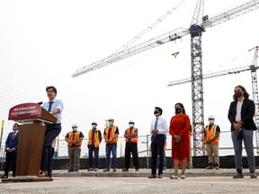 Canada's Prime Minister Justin Trudeau  delivers remarks at a press conference at a housing construction site in Brampton, Ontario, Canada July 19, 2021.