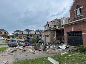 General view of the debris in the aftermath of a possible tornado in Barrie, Ontario, Canada July 15, 2021, in this picture obtained from social media.