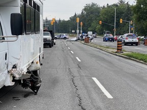 Paramedics at crash between vehicle and a shuttle bus on the Vanier Parkway Tuesday