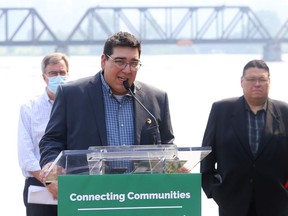 Dylan Whiteduck, Chief of the Kitigan Zibi Anishinabeg Council talks about the new federal funding for the rehabilitation of the newly renamed Chief William Commanda Bridge, July 26, 2021.