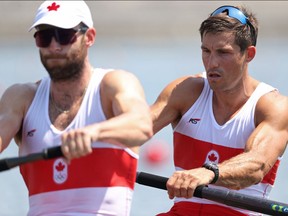 Kai Langerfeld of Canada and Conlin McCabe of Canada compete in the men's pairs rowing heats on July 24, 2021.