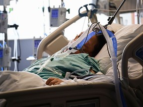 A COVID-19 patient on a ventilator is one of many patients in the intensive care unit at Toronto's Humber River Hospital on April 13, 2021.