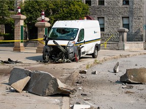 A stolen Hydro Ottawa van collided with a concrete barrier at the University of Ottawa on Monday, July 26, 2021.