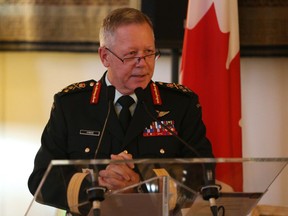General Jonathan Vance, Chief of the Defense Staff talks to a small breakfast crowd at the French Embassy in Ottawa about the new Amicitia France-Canada monument, November 17, 2020.