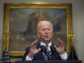 U.S. President Joe Biden speaks about the situation in Afghanistan in the Roosevelt Room of the White House.