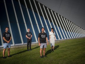 Simon Pupulin, Raphael Lessard and Francesco Fazzari, founding members of Ride to Connect, and Emily Jones Joanisse, Connected Canadians co-founder and CEO.