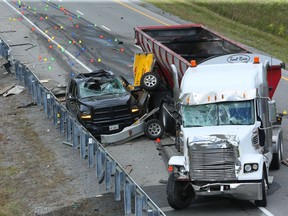 Highway 417 eastbound lanes at Panmure Side Road.  Two people were confirmed killed in the collision.