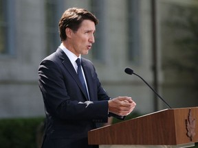 Prime Minister Justin Trudeau speaks during a news conference at Rideau Hall after asking Gov. Gen. Mary Simon to dissolve Parliament on Sunday, Aug. 15, 2021.