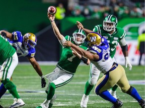 Files:  Saskatchewan Roughriders quarterback Cody Fajardo (7) throws a pass against the Winnipeg Blue Bombers in the second half during the CFL Western Conference Final football game, November 17, 2019.