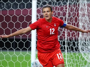 Christine Sinclair of Canada celebrates scoring their first goal vs Japan in early Tokyo 2020 Olympic action. July 21, 2021.