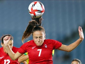 Julia Grosso of Canada in action in the women's quarterfinal match versus Brazil at the 2020 Tokyo Olympics.
