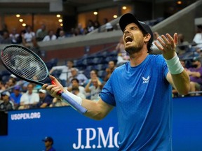 Andy Murray of Great Britain after a 5th set miss to Stefanos Tsitsipas of Greece on day one of the 2021 U.S. Open tennis tournament at USTA Billie King National Tennis Center.