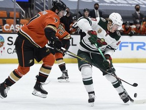 Prescott-area native and Anaheim defenceman Ben Hutton (left) disrupts Minnesota forward Kirill Kaprizov during a Ducks-Wild game in Anaheim in February. Anaheim won both of its games in St. Louis on the weekend; Hutton picked up a fighting major on Friday night.