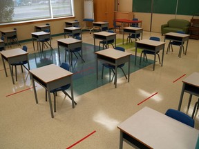 Desks are spaced apart in this classroom. But proper distancing is not always possible, depending on class size.