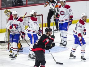 Ottawa Senators #50 Maxence Guenette reacts after scoring against the Montreal Canadiens during the first period on Saturday.