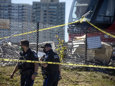 OTTAWA -- September 19, 2021 --Emergency officials were on the scene of an apparent LRT derailment near Tremblay station, Sunday, September 19, 2021. ASHLEY FRASER, POSTMEDIA