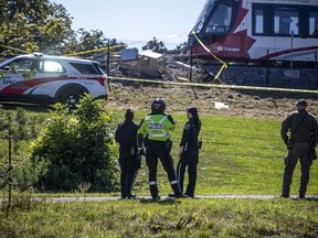 Emergency officials were on the scene of an LRT derailment near Tremblay station, Sunday, September 19, 2021.