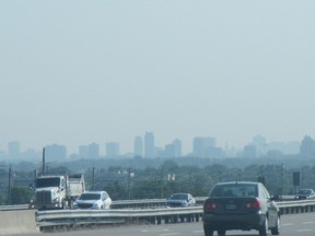 Ottawa's skyline was hazy on Aug. 7, 2021, when an air quality advisory was in effect due to smoke from wildfires in northern Ontario. Air quality levels locally were several times worse than safe limits.