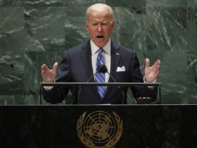 U.S. President Joe Biden addresses the 76th Session of the UN General Assembly on Sept. 21, 2021 at UN headquarters in New York City.