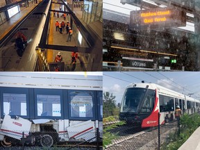 Problems have plagued Ottawa's LRT system since it was launched two years ago. From top left: Jan. 16, 2020 — engineers work on a broken train at St. Laurent Station; Jan. 25, 2020 — delays due to weather close the platform at uOttawa Station; Aug. 11, 2021 — LRT workers walk a train back to Belfast Yards after it derailed; Sept 19, 2021 — a train derailed near Tremblay Station.