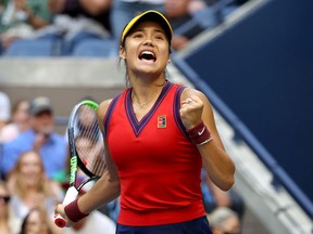 Emma Raducanu of Great Britain reacts to breaking Leylah Annie Fernandez of Canada in the second set during their Women's Singles final match on Day Thirteen of the 2021 US Open at the USTA Billie Jean King National Tennis Center on Sept. 11, 2021 in the Flushing neighborhood of the Queens borough of New York City.